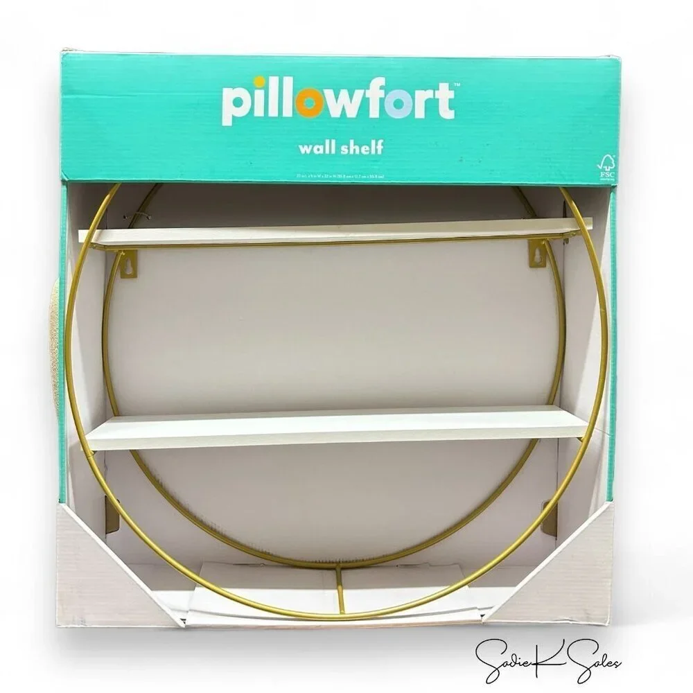 Pillowfort Kids' Modern Round Wall Shelf Gold Wire Frame 2 White Shelves -Target